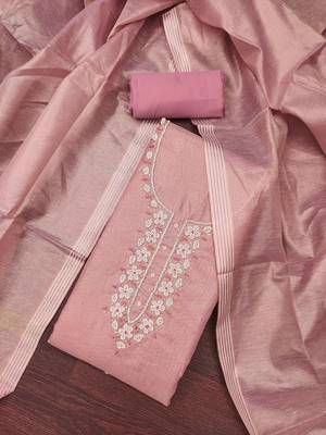 Pink shimmer cotton handwork unstitched dressaterial 1