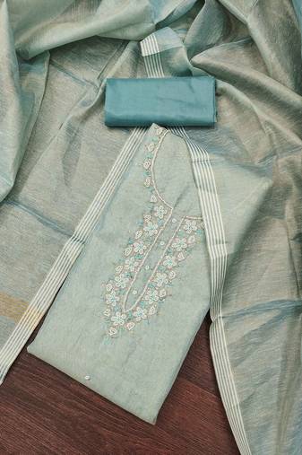 Blue shimmer cotton handwork unstitched dressaterial