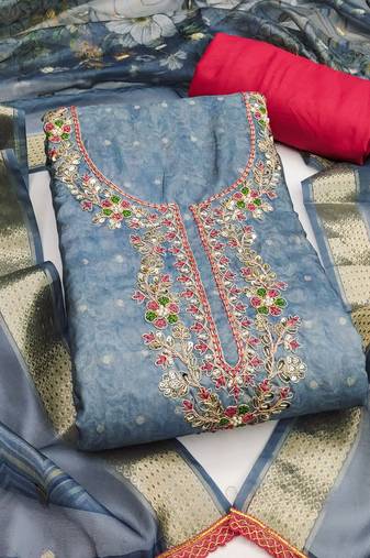 Blue cotton banarasi print handwork unstitched dress material