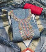 Blue cotton banarasi print handwork unstitched dress material