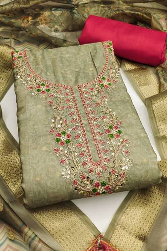 Green cotton banarasi print handwork unstitched dress material