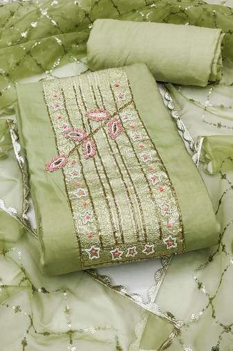 Green cotton banarasi handwork unstitched dress material