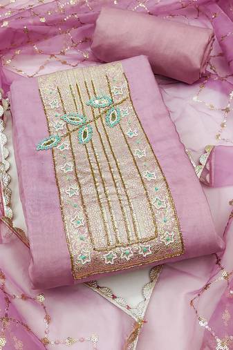 Lavender cotton banarasi handwork unstitched dress material