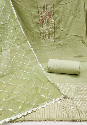 Green cotton banarasi handwork unstitched dress material 3