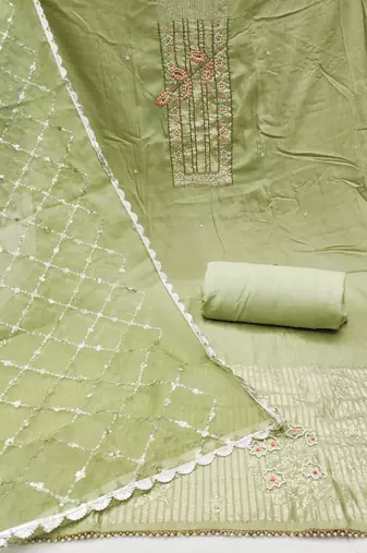 Green cotton banarasi handwork unstitched dress material