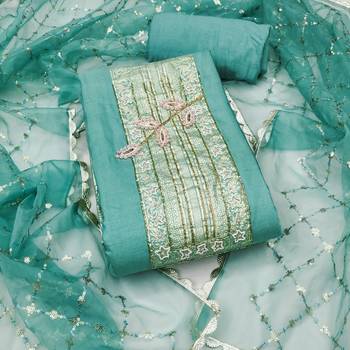 Turquoise cotton banarasi handwork unstitched dress material 1