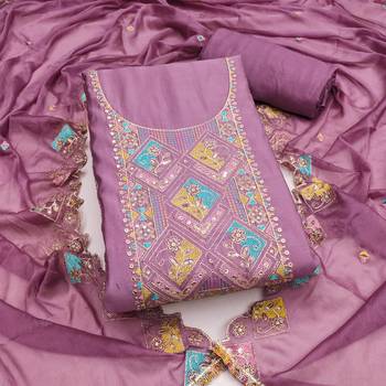 Lavender cotton silk embroidered unstitched dress material 1