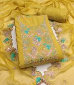 Yellow cotton silk embroidered unstitched dress material