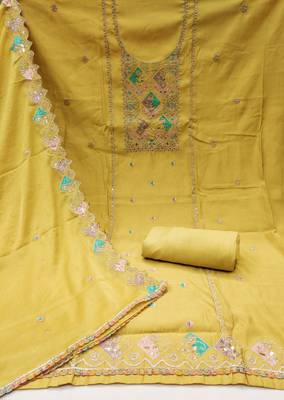 Yellow cotton silk embroidered unstitched dress material 3