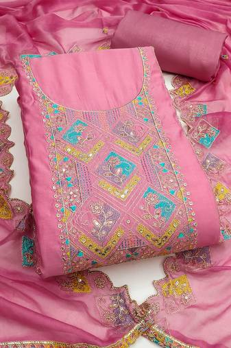 Pink cotton silk embroidered unstitched dress material