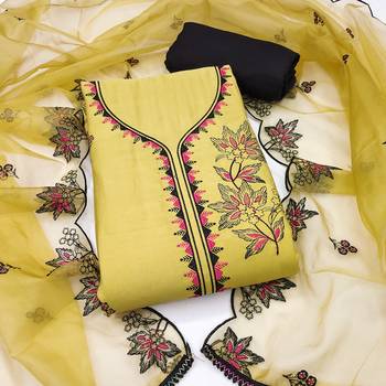 Yellow cotton silk embroidered unstitched dress material 1