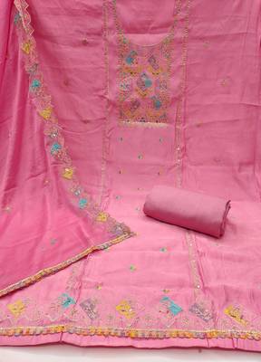 Pink cotton silk embroidered unstitched dress material 3