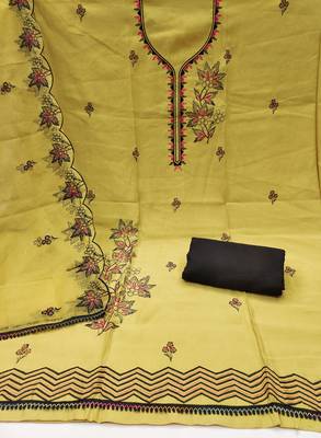 Yellow cotton silk embroidered unstitched dress material 3