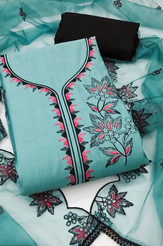 Sky blue cotton silk embroidered unstitched dress material