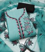 Sky blue cotton silk embroidered unstitched dress material