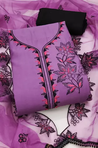 Lavender cotton silk embroidered unstitched dress material