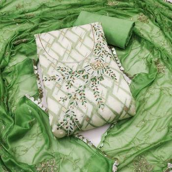 Off- white cotton banarasi handwork unstitched dress material 1