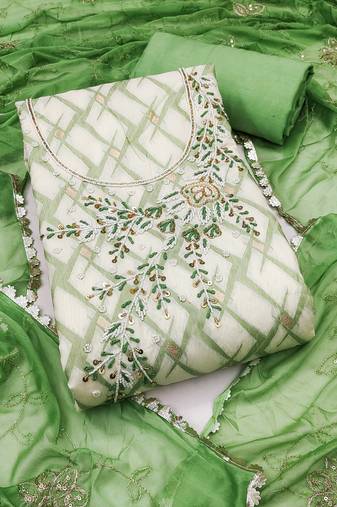 Off- white cotton banarasi handwork unstitched dress material