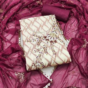 Off- white cotton banarasi handwork unstitched dress material 1