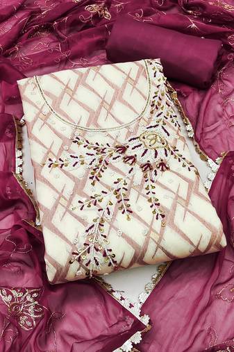 Off- white cotton banarasi handwork unstitched dress material