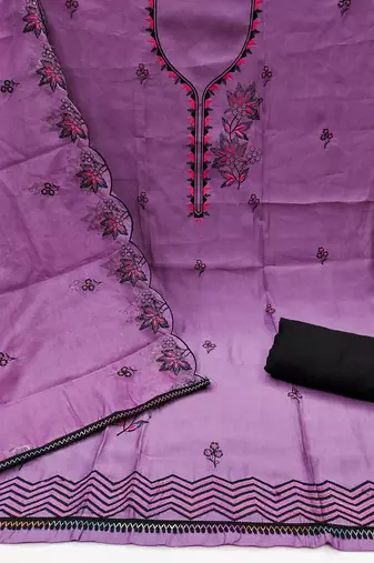 Lavender cotton silk embroidered unstitched dress material