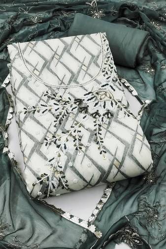 Off- white cotton banarasi handwork unstitched dress material