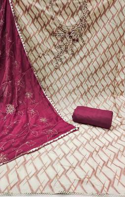 Off- white cotton banarasi handwork unstitched dress material 3