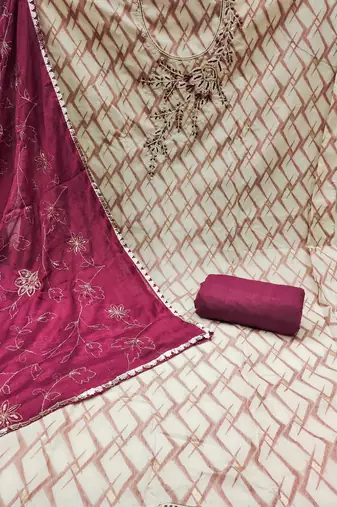 Off- white cotton banarasi handwork unstitched dress material