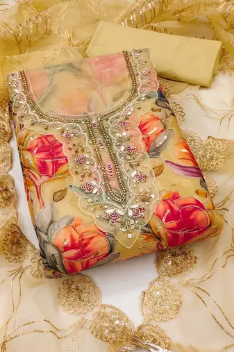 Yellow organza print handwork unstitched dress material