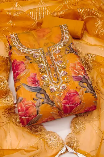 Mustard organza print handwork unstitched dress material