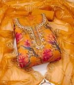 Mustard organza print handwork unstitched dress material