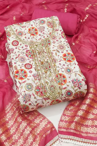 Pink roman cotton silk print handwork unstitched dress material