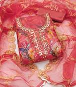 Pink organza print handwork unstitched dress material