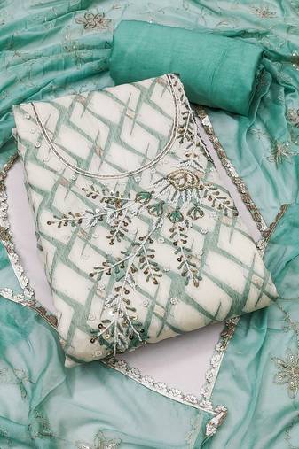 Off- white cotton banarasi handwork unstitched dress material