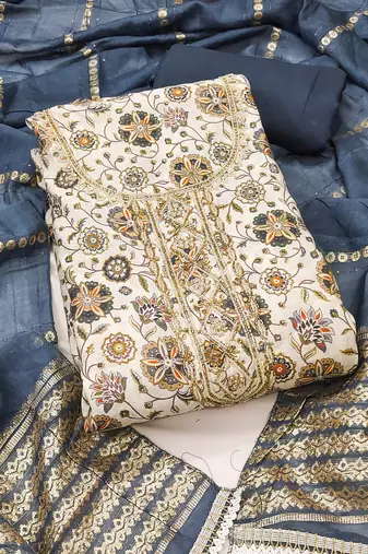 Navy blue roman cotton silk print handwork unstitched dress material