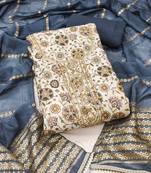 Navy blue roman cotton silk print handwork unstitched dress material