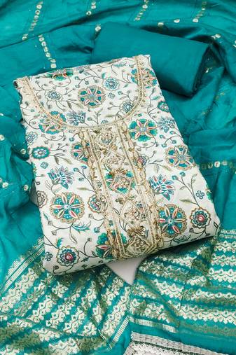 Turquoise roman cotton silk print handwork unstitched dress material
