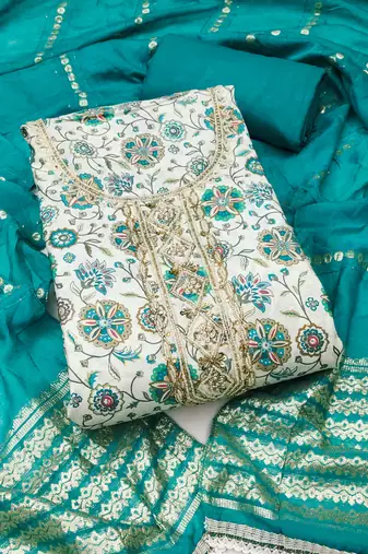 Turquoise roman cotton silk print handwork unstitched dress material