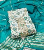 Turquoise roman cotton silk print handwork unstitched dress material