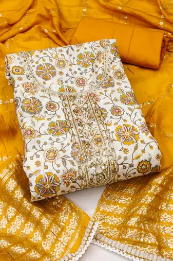 Yellow roman cotton silk print handwork unstitched dress material