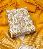 Yellow roman cotton silk print handwork unstitched dress material