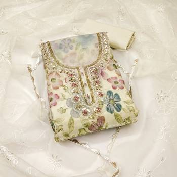 White viscose organza handwork unstitched dress material 1