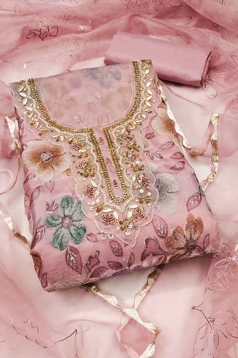 Pink viscose organza handwork unstitched dress material