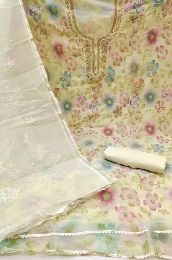 White viscose organza handwork unstitched dress material