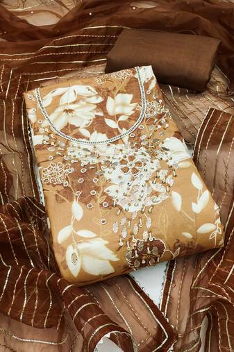 Brown cotton silk print handwork unstitched dress material