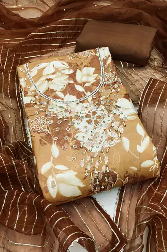Brown cotton silk print handwork unstitched dress material