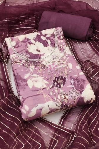 Purple cotton silk print handwork unstitched dress material