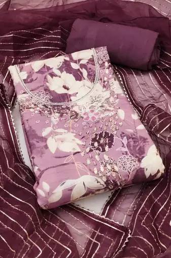 Purple cotton silk print handwork unstitched dress material