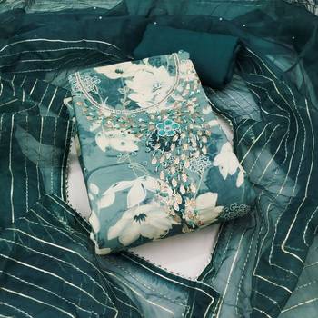 Teal cotton silk print handwork unstitched dress material 1