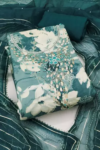 Teal cotton silk print handwork unstitched dress material